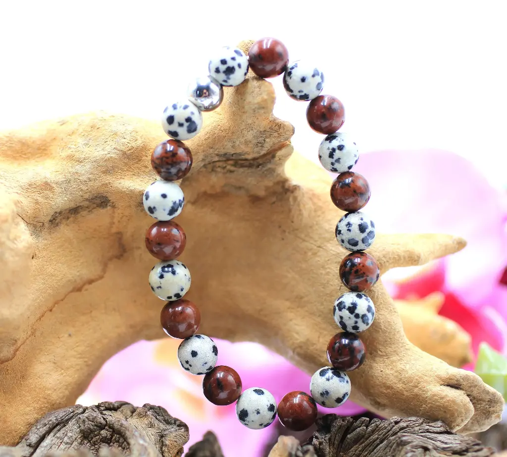 Bracelet en perles 8mm en Jaspe dalmatien et Obsidienne acajou