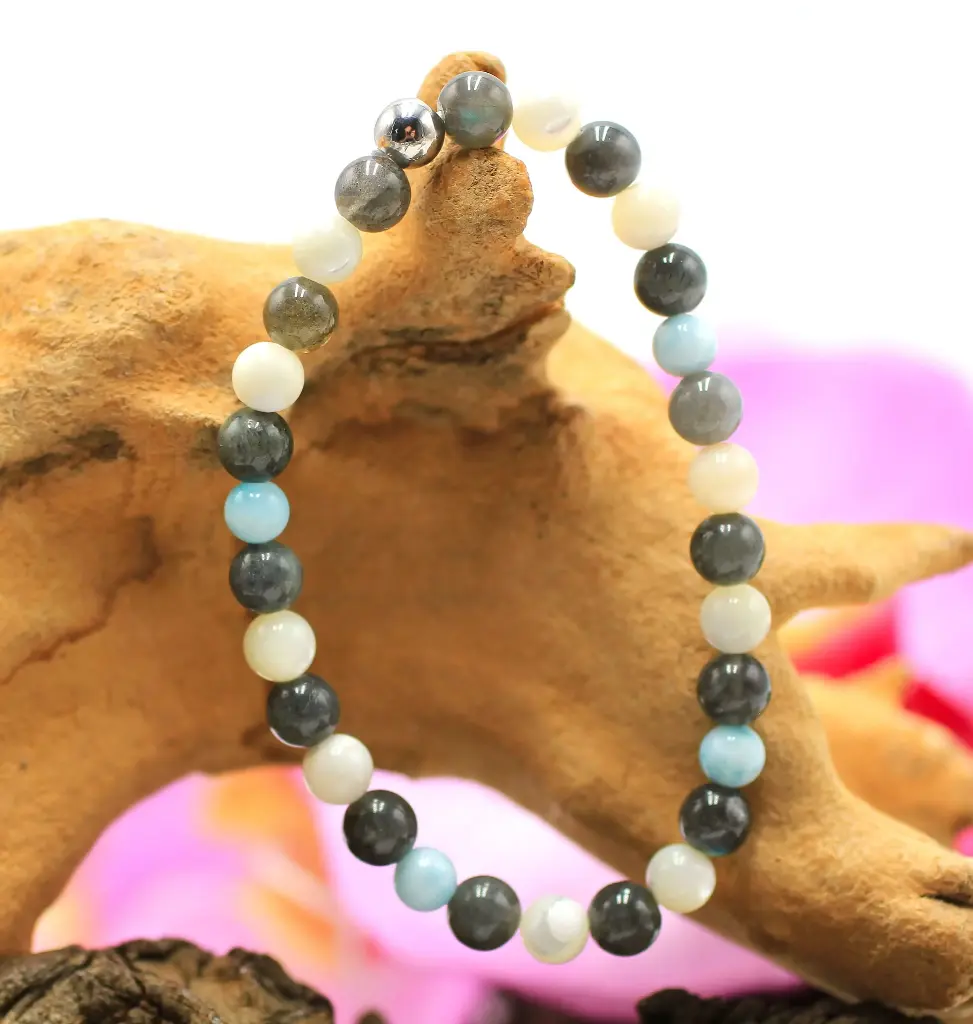 Bracelet en perles 6mm en Labradorite noire, Larimar, Nacre