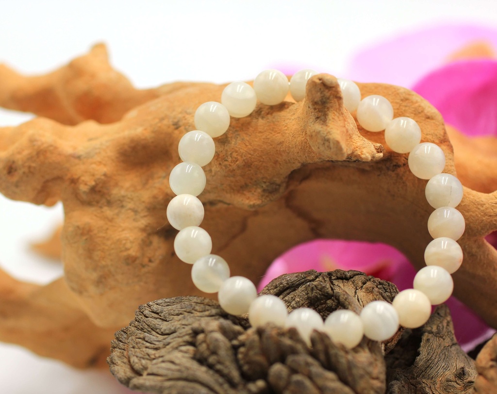 Bracelet en perles 8mm en Pierre de lune blanche (et beige)