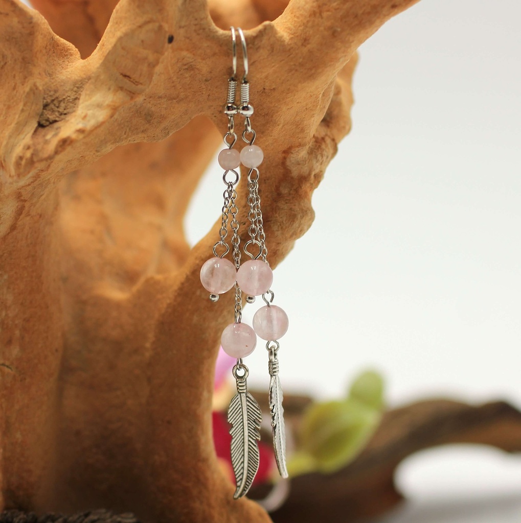 Boucles d'oreille plume en Quartz rose