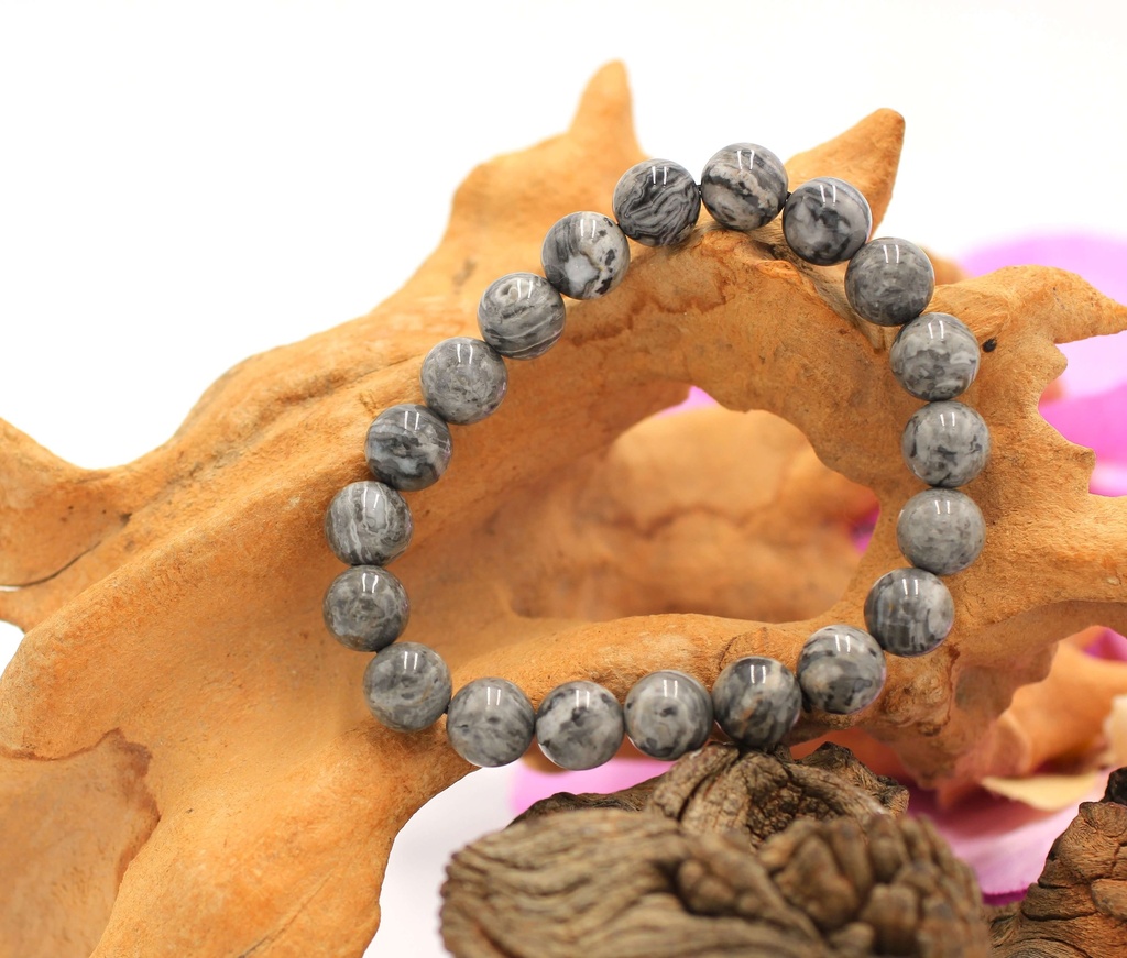 Bracelet en perles 10mm en Agate Crazy lace grise