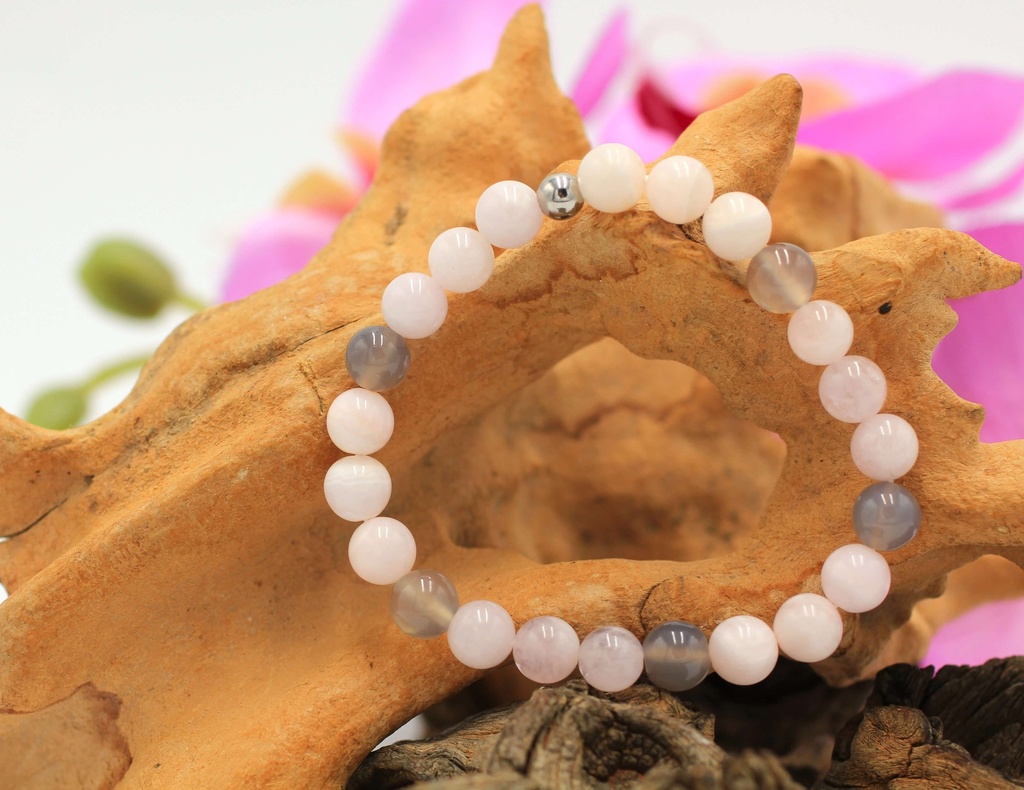 Bracelet en perles 8mm en Calcite mangano, Morganite, Agate grise