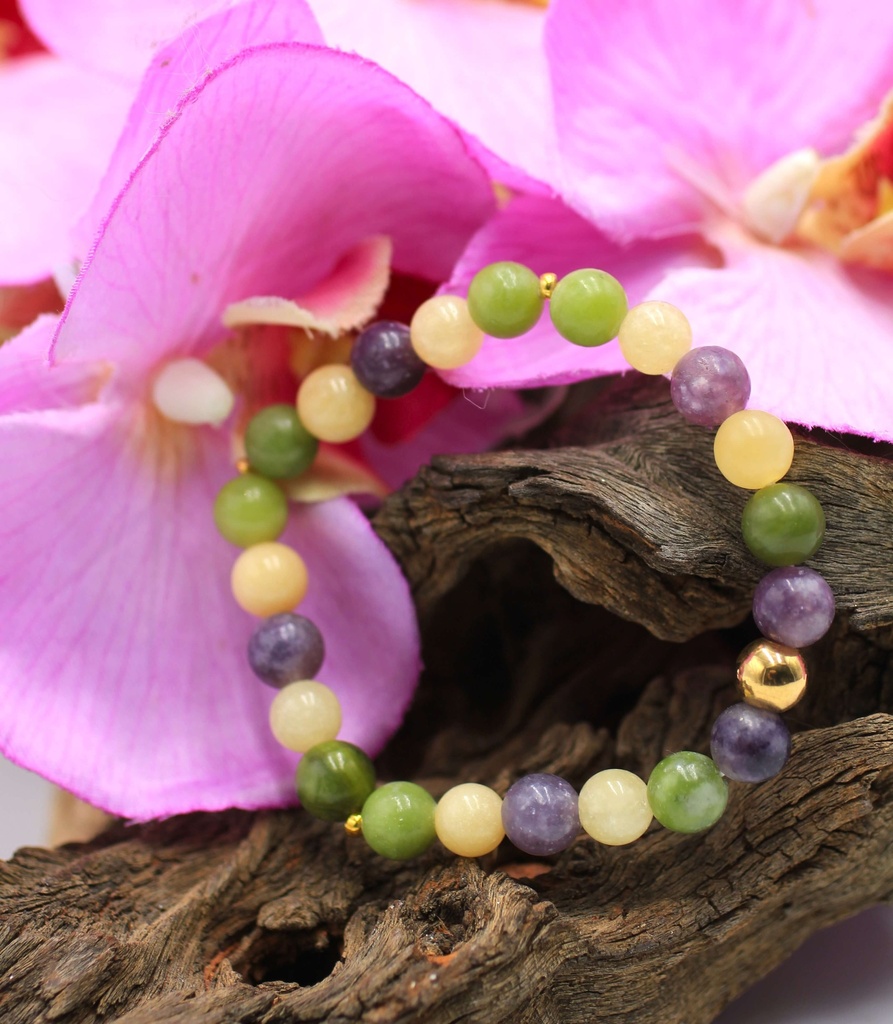 Bracelet en perles 8mm en Calcite orange, Lépidolite, Serpentine