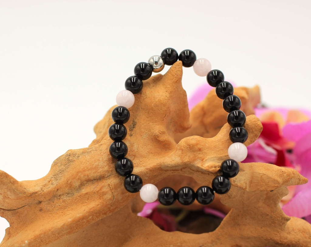 Bracelet en perles 8mm en Morganite et Obsidienne noire