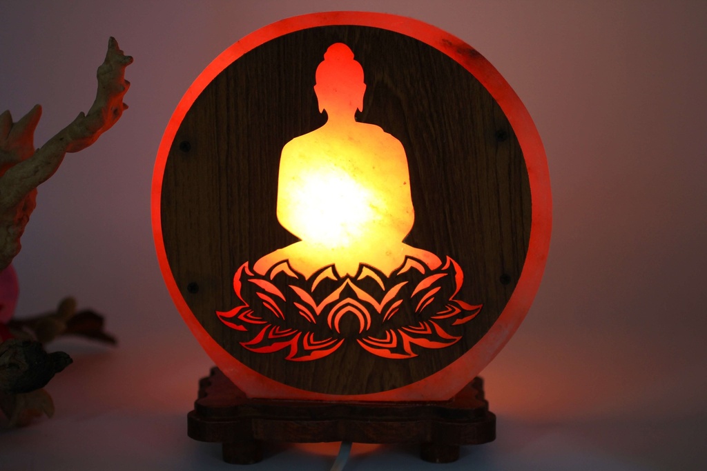 Lampe disque en Sel (Halite) et motif Bouddha