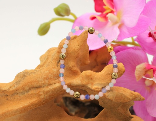 Bracelet en perles 4mm facettées en Aigue-marine, Quartz rose, Tanzanite bleue et 6mm en Pyrite