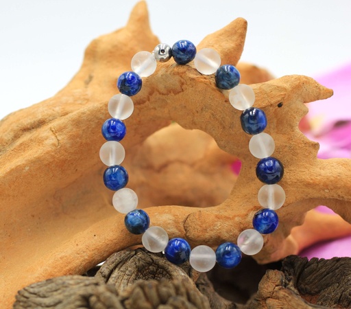 Bracelet en perles 8mm en Cyanite bleue, Cristal de roche mat